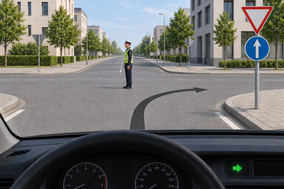 Driver view with a right-turn indicator, a controller in side profile with both arms lowered, and a red-bordered white downward triangle above a blue circle with a white upward arrow.