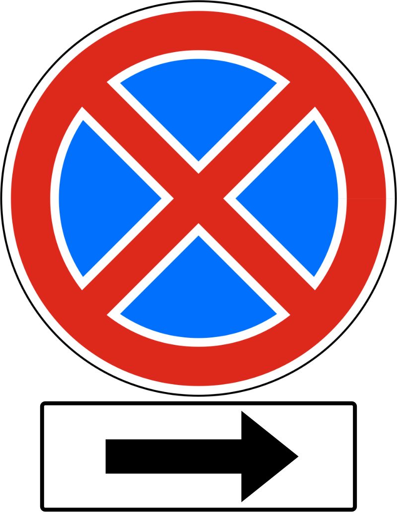 Blue circle with a red border and red diagonal cross. A horizontal white, black-bordered plate below shows a black rightward arrow.