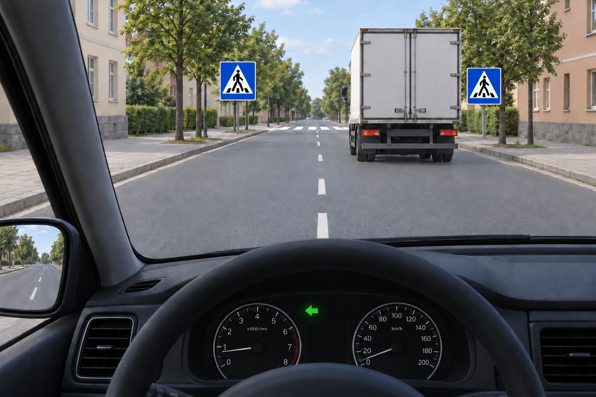 Driver view behind and to the left of a white box lorry on an urban road with a broken centre line. Zebra stripes lie farther ahead, with blue square walking-person signs on both sides. A green left arrow glows on the dashboard.