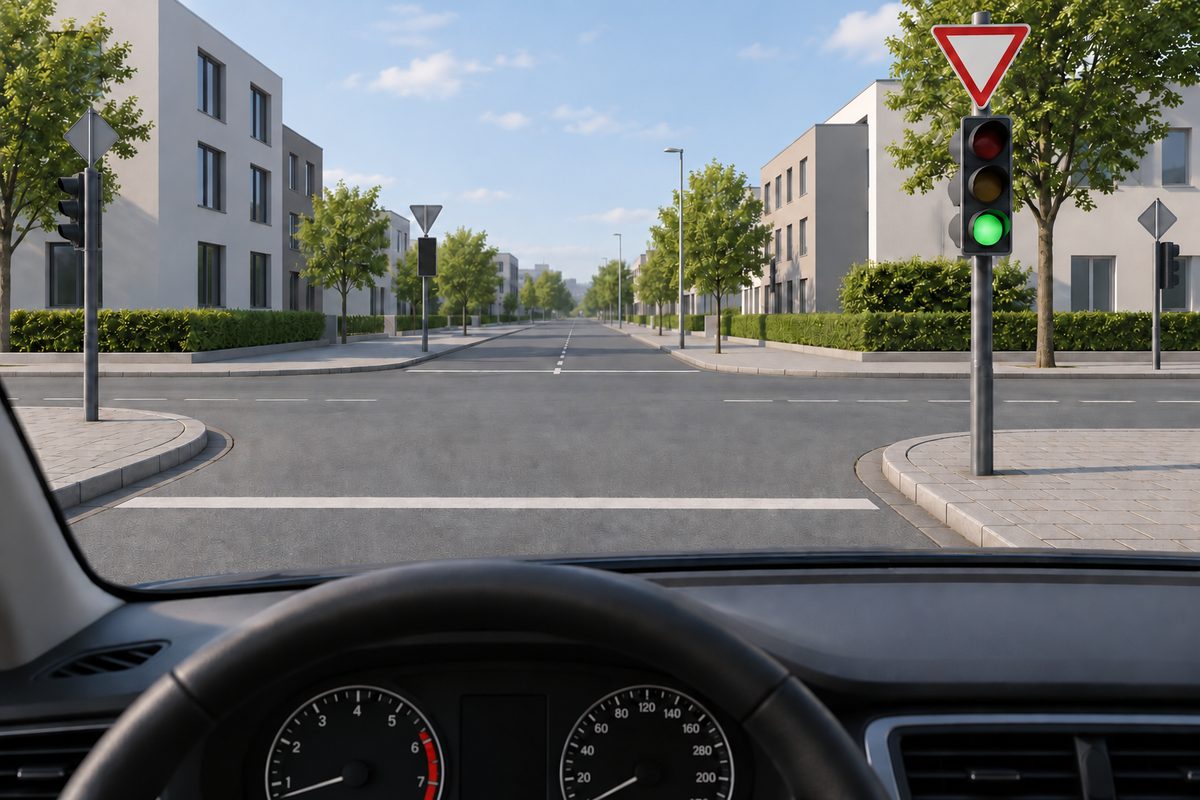 Driver view of an empty junction with a stop line, a circular green traffic signal, and a red-bordered white downward triangle above it.