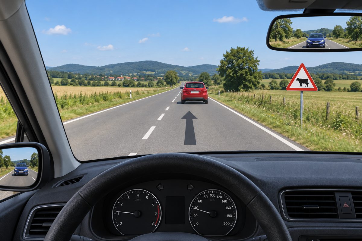 Driver view behind a red car on a road with a broken centre line and forward arrow. A blue car appears in both mirrors, dashboard arrows are dark, and a red-bordered triangle at right contains a black cow silhouette.