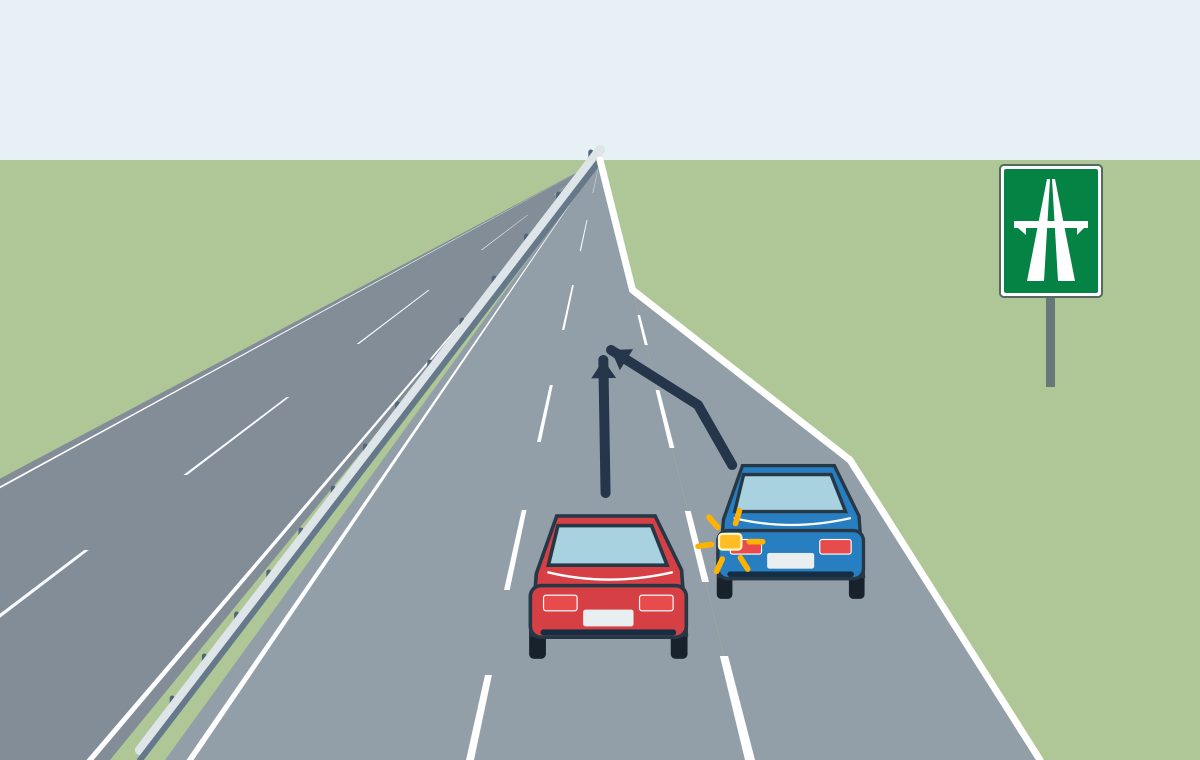 Rear view of a red car on a motorway and a blue car in a right-hand entry lane that tapers to an end, with a left indicator and a merging arrow.