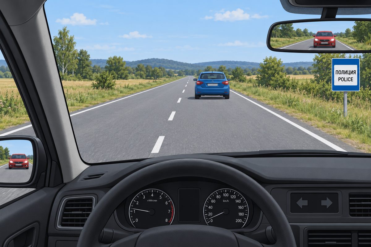 Driver view behind a blue car on a road with a broken centre line; a red car appears in both mirrors. A blue roadside panel reads ПОЛИЦИЯ and POLICE; dashboard arrows are dark.