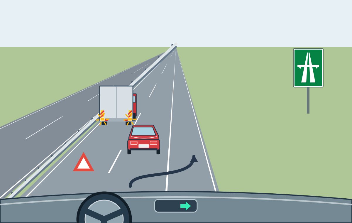 Driver view behind a red car, with a lorry showing hazard lights in the left lane, a warning triangle, and an arrow toward the emergency lane.