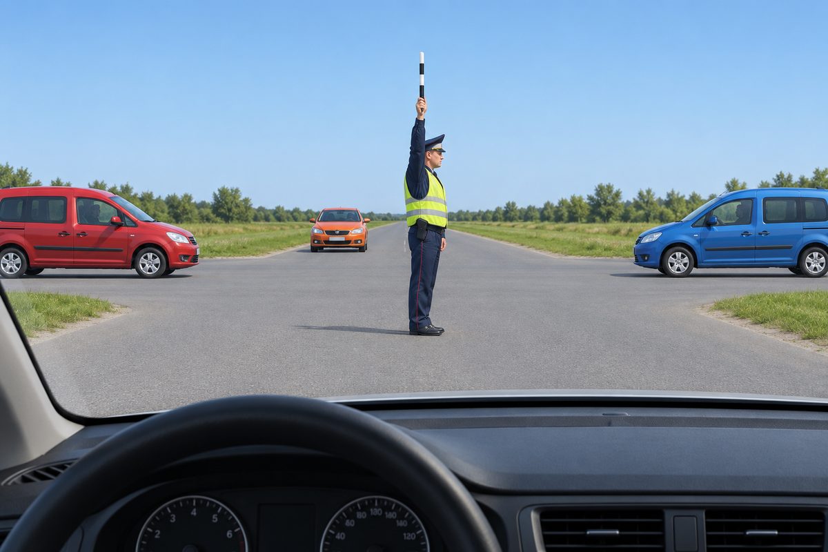 View from a car at a junction with a red passenger van left, blue passenger van right and orange car opposite. A traffic controller faces right in profile with his right arm and baton raised vertically.