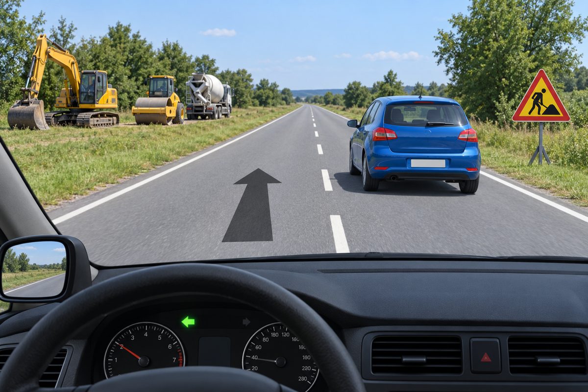 Driver view left of a blue car, with a broken centre line to the right, a forward arrow and green left dashboard arrow. Three construction machines stand off the road at left; a red triangle with yellow centre and digging figure stands at right.