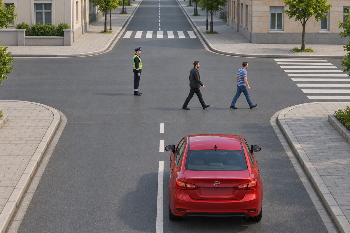 A car approaches a traffic controller and two pedestrians at a junction.