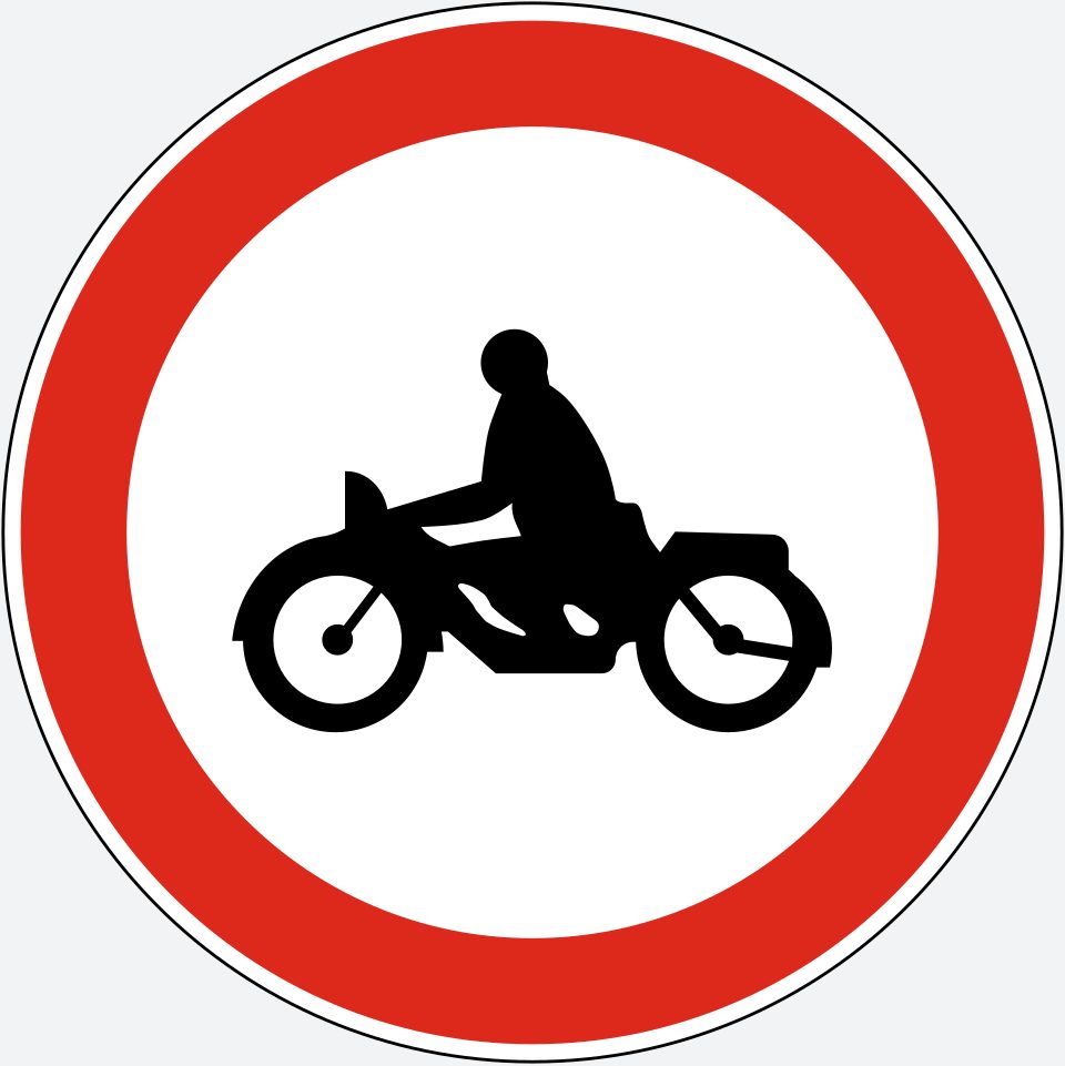 White circle with a red border; a black motorcycle and rider facing left.