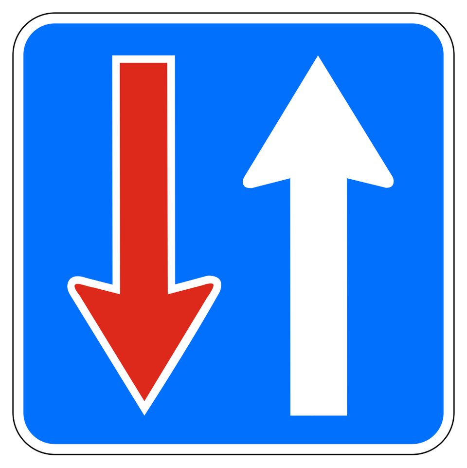 Blue square; red downward arrow on the left and white upward arrow on the right.