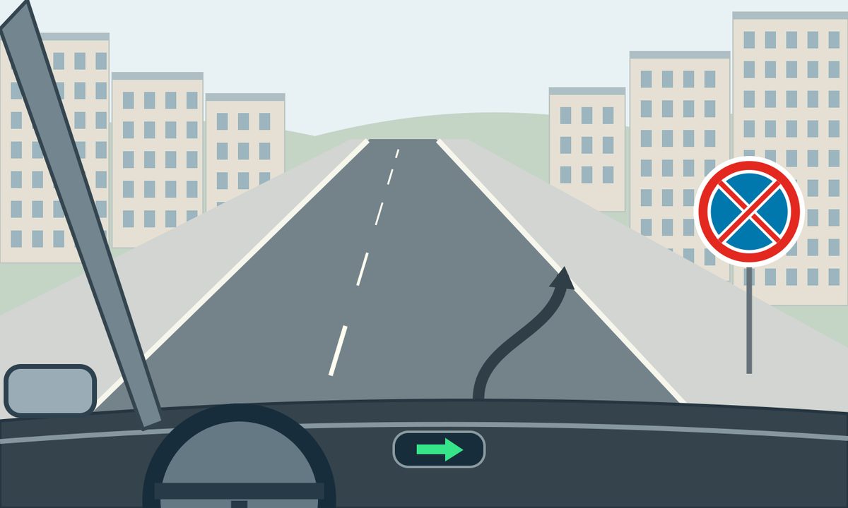 View from a car with an illuminated right indicator, a roadside sign and an arrow towards the kerb.