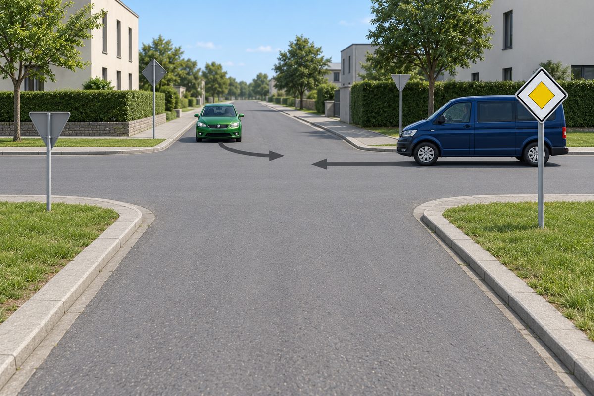 A green car on the opposite approach intends to turn left; a blue van approaches from the right. A yellow diamond within a white diamond faces the foreground approach; gray triangular sign backs stand beside the side approaches.