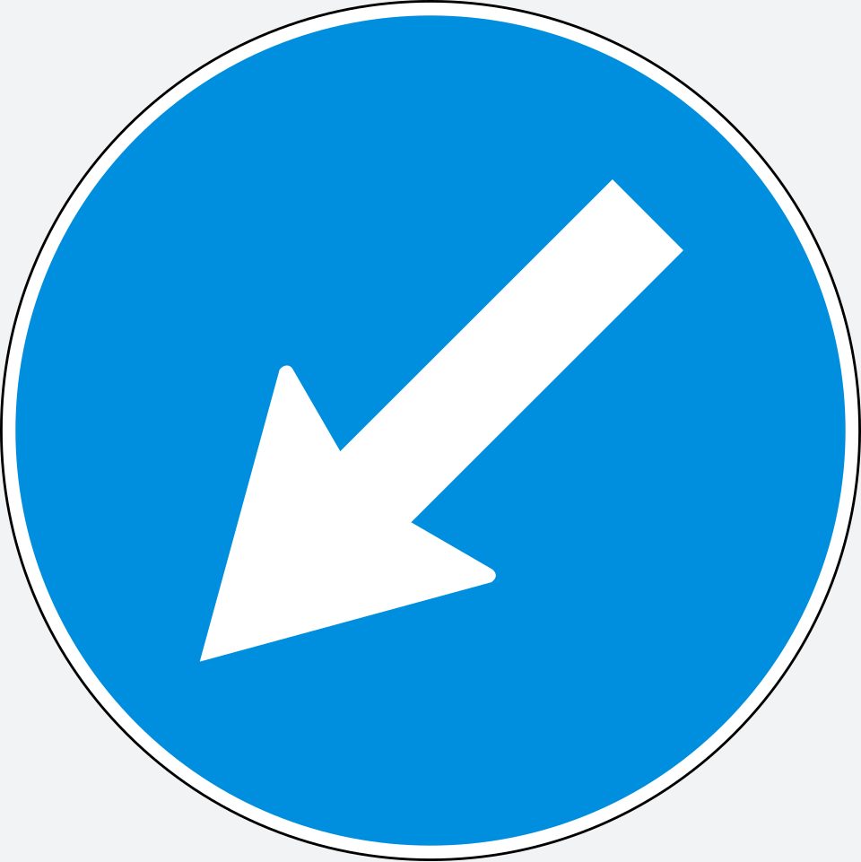 Blue circle with a thin white border; one white arrow pointing diagonally down and left.