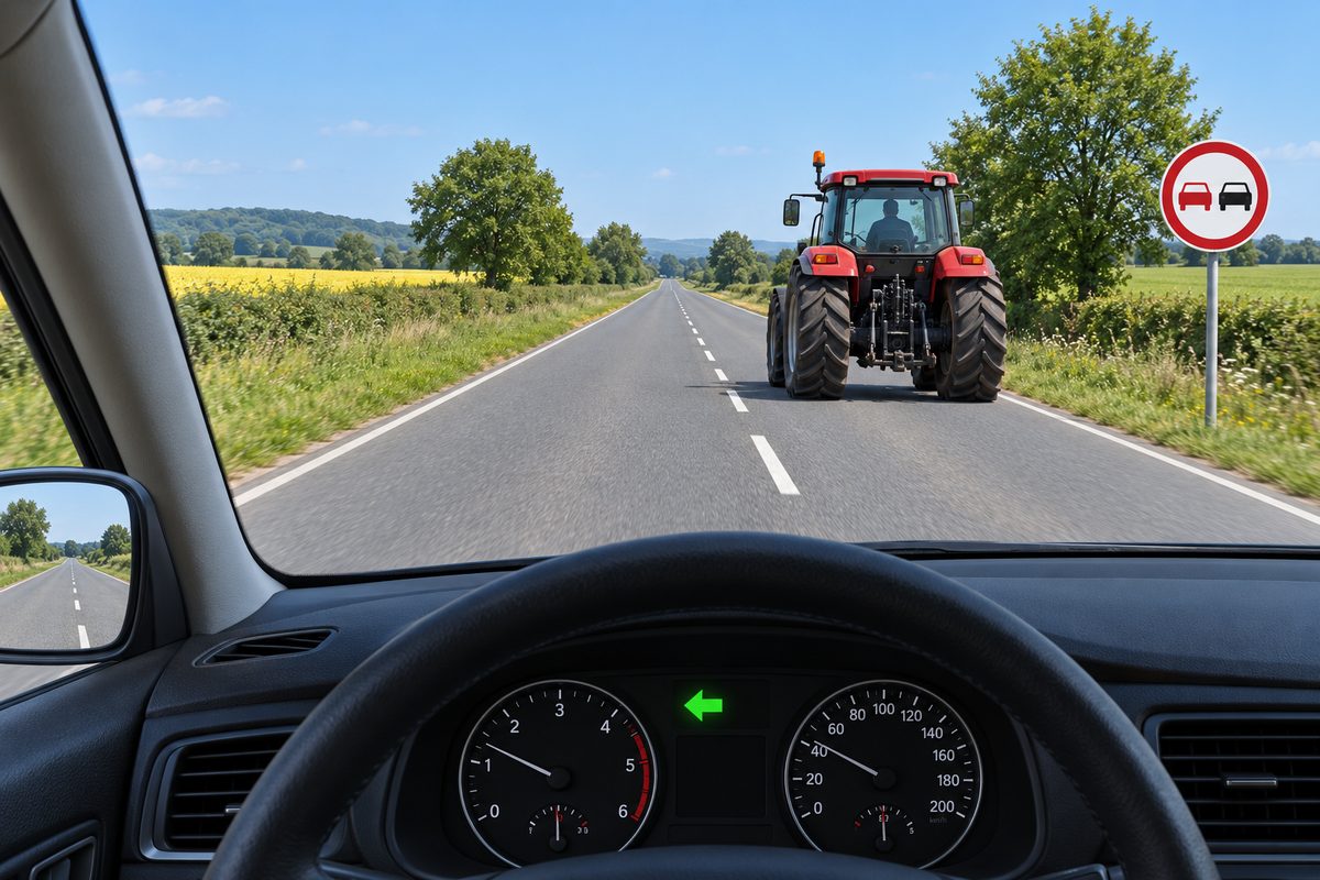 Driver view with a red tractor ahead to the right of a broken white centre line. Its large rear tyres are visible. A red-ringed two-car sign stands on the right and a green left arrow glows on the dashboard.