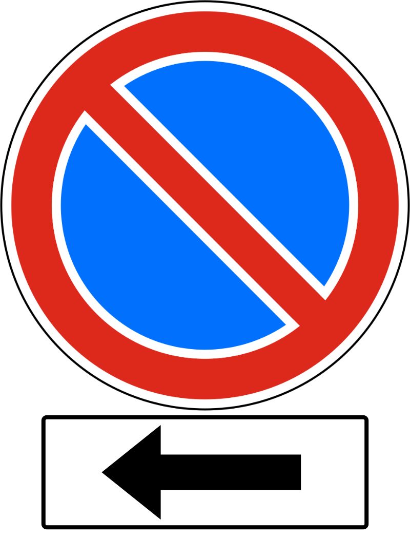 Blue circle with a red border and one red stripe from upper left to lower right. A horizontal white, black-bordered plate below shows a black leftward arrow.