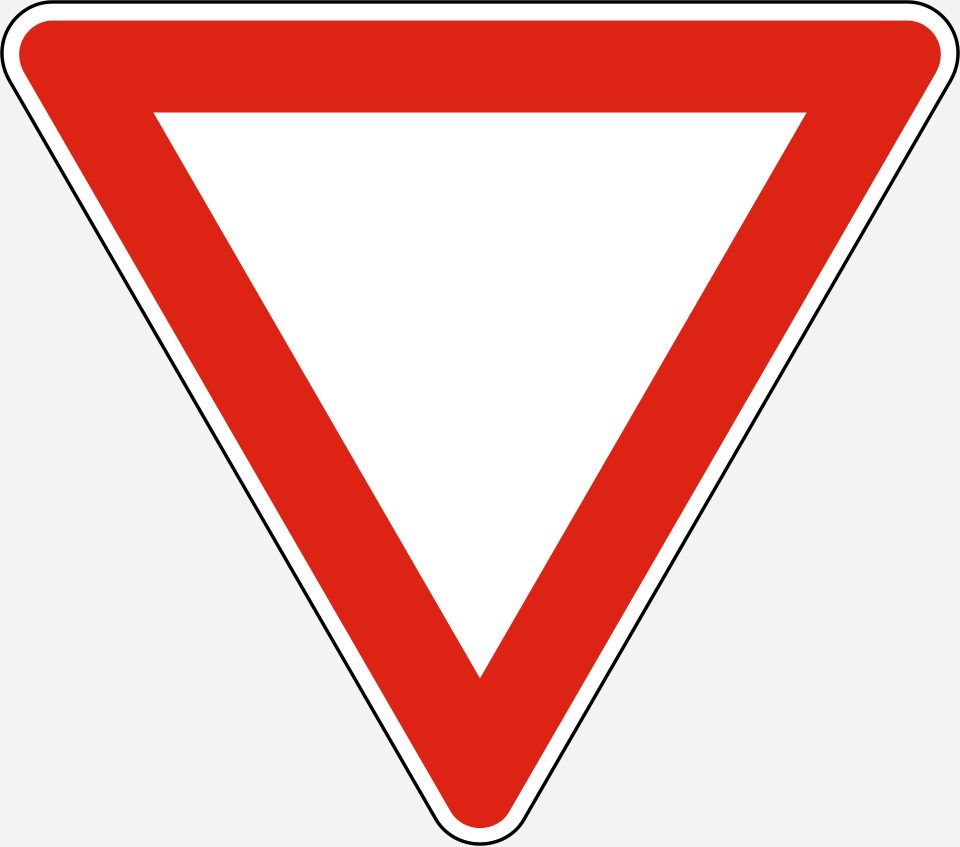 Downward-pointing white triangle with a thick red border.