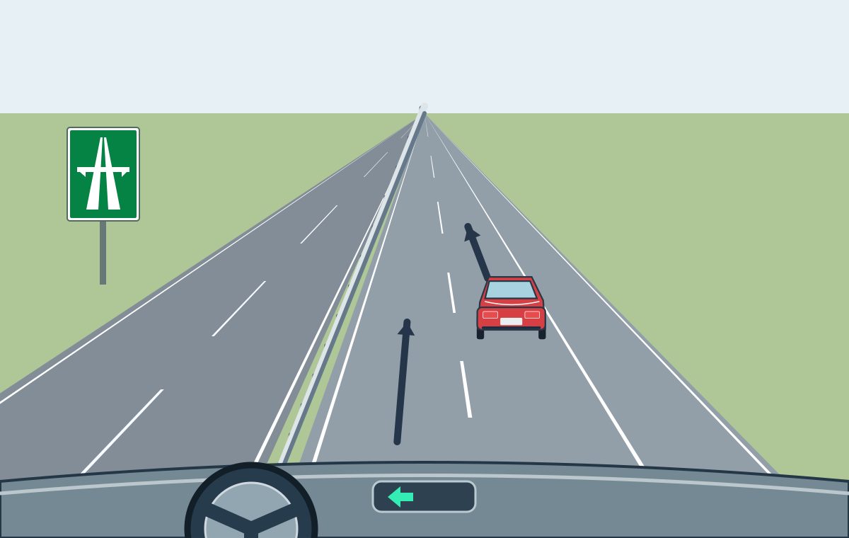 Driver view from the left motorway lane, with the left indicator lit and a red car ahead in the right lane.