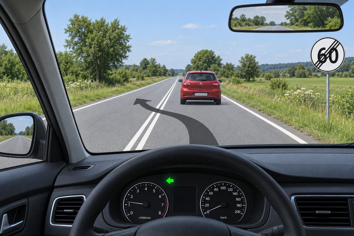 Driver view behind a red car. A curved left arrow crosses two parallel solid white centre lines. A white circular sign shows 60 crossed by diagonal black stripes. A green left dashboard arrow is lit; the mirrors contain no vehicles.