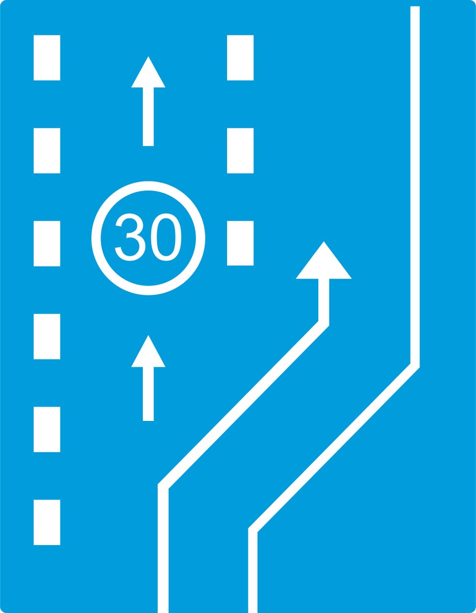 Blue rectangular diagram with white upward arrows, a white-ringed 30, dashed lane boundaries and a lane branching to the right.