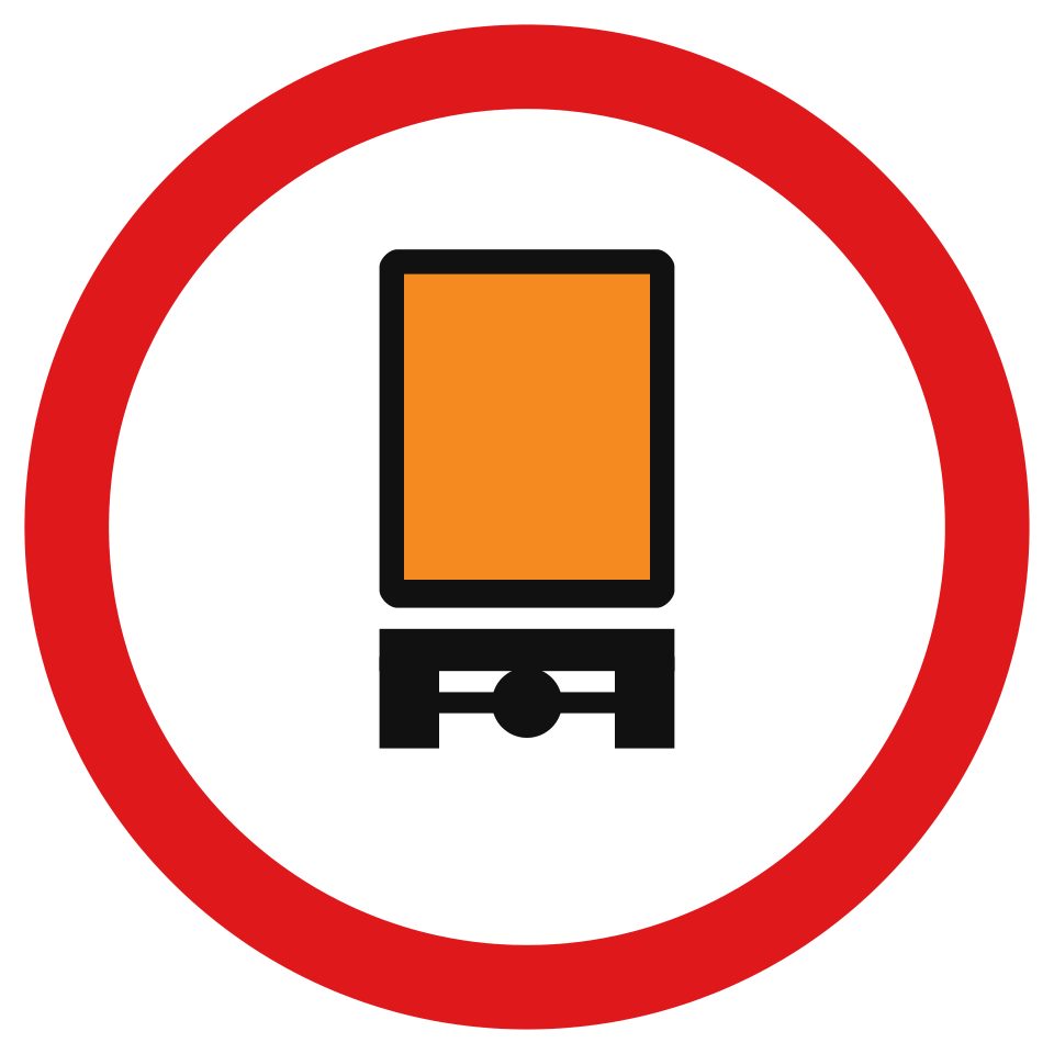 Red-bordered circle containing a vehicle with an orange rectangular panel.