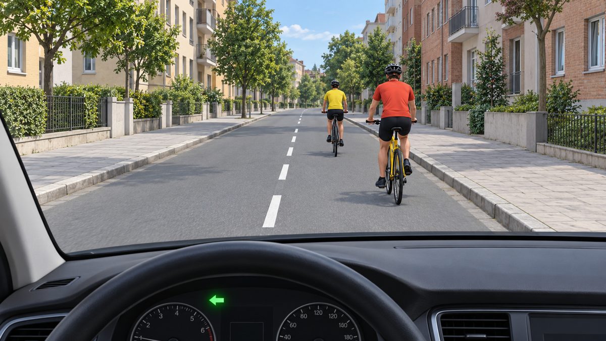 Two cyclists ride ahead on an urban road.
