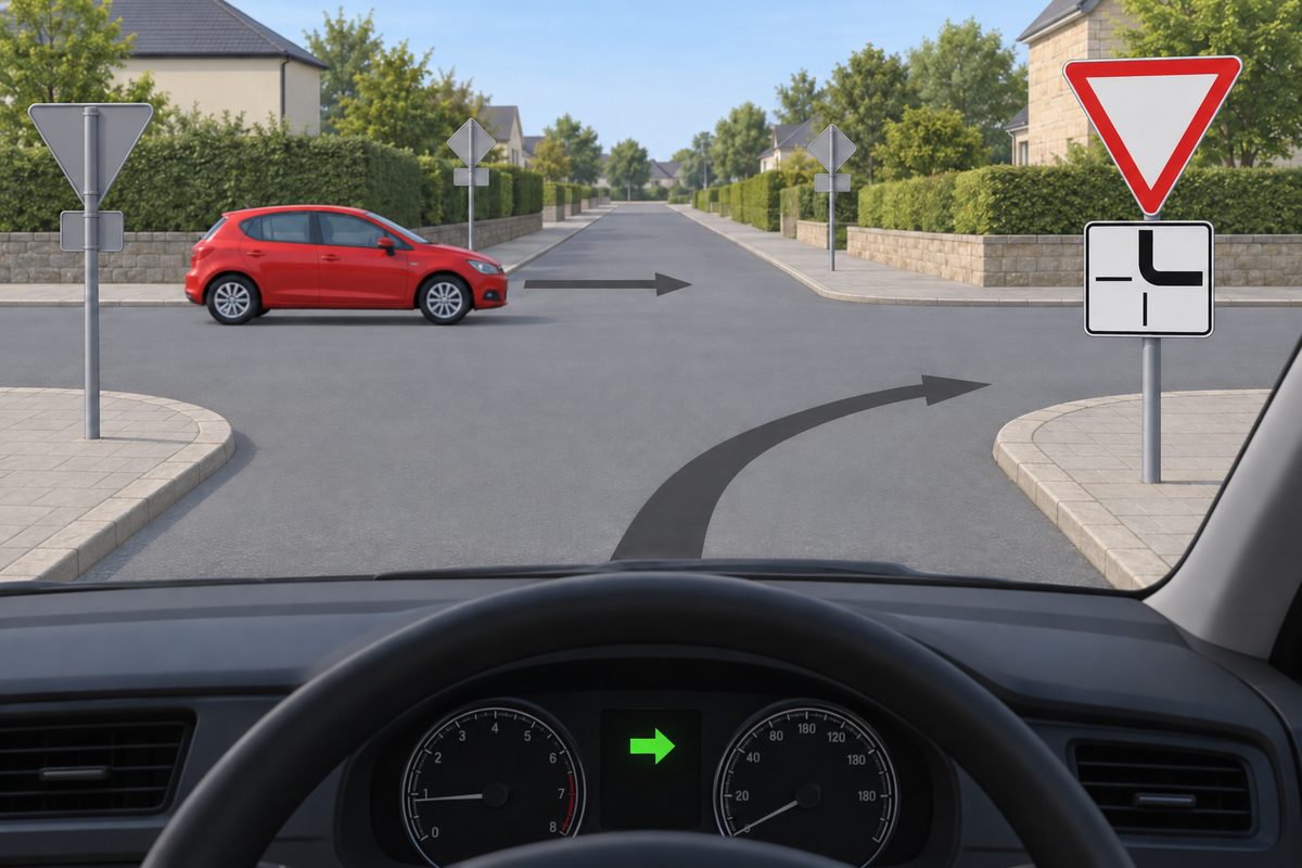 Driver view with a green right indicator and a right-turn arrow. A red car crosses from left to right with a straight arrow. The near-right downward-pointing white triangle with a red border has a plate with a thick top-to-right route and thin bottom and left branches.