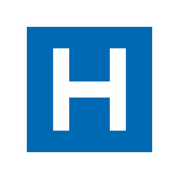 A blue square sign with a white capital H.