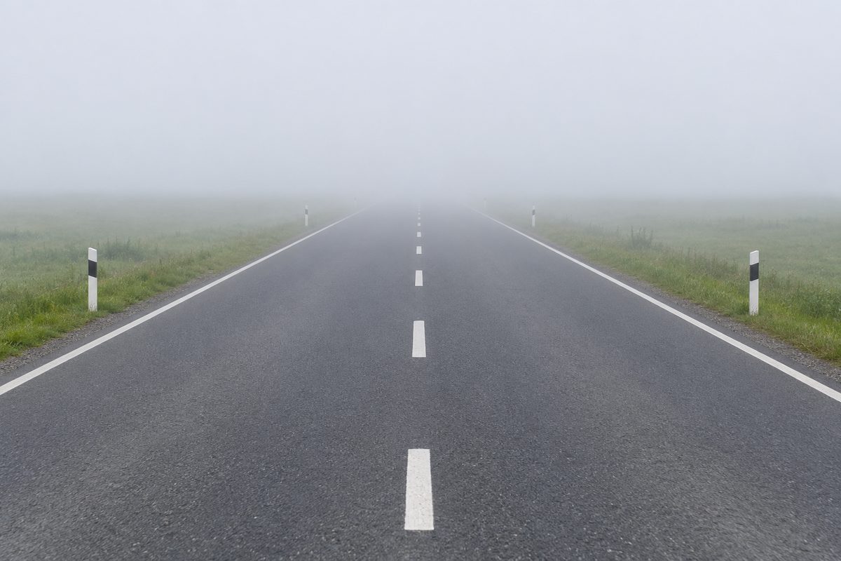 Road disappearing into pale fog.