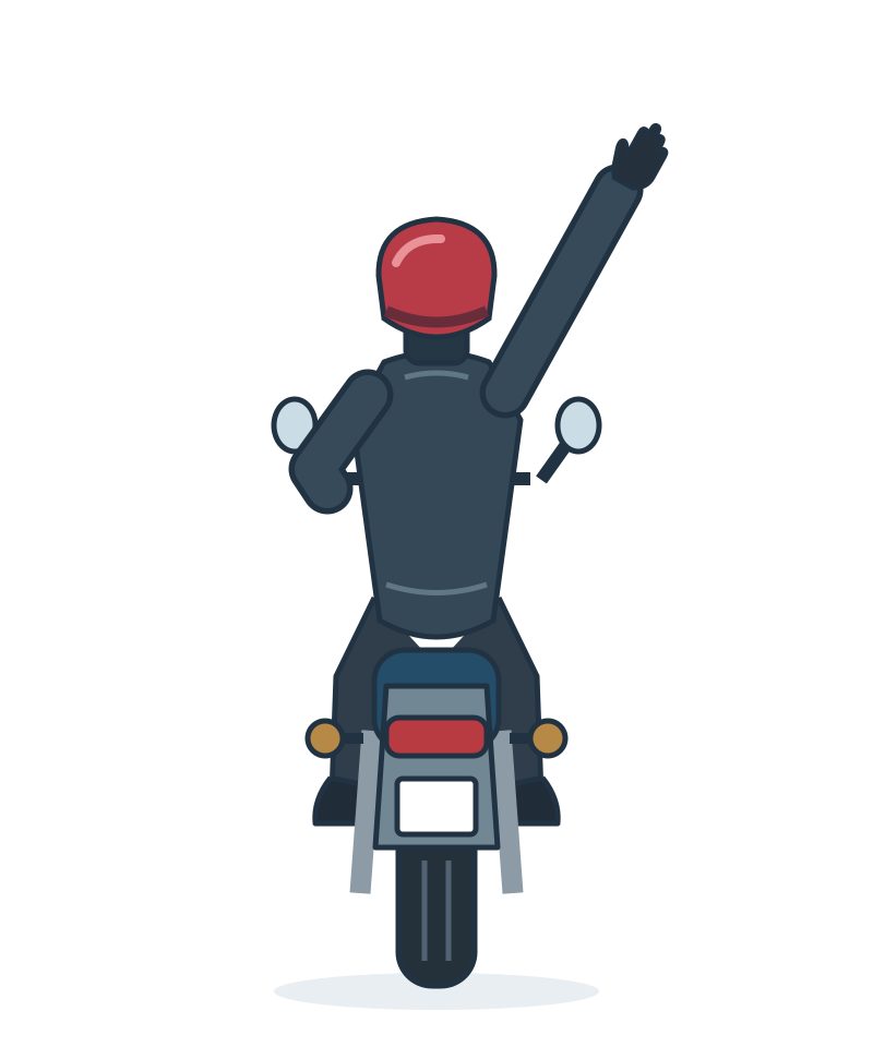 Rear of a motorcyclist with an arm extended upwards.