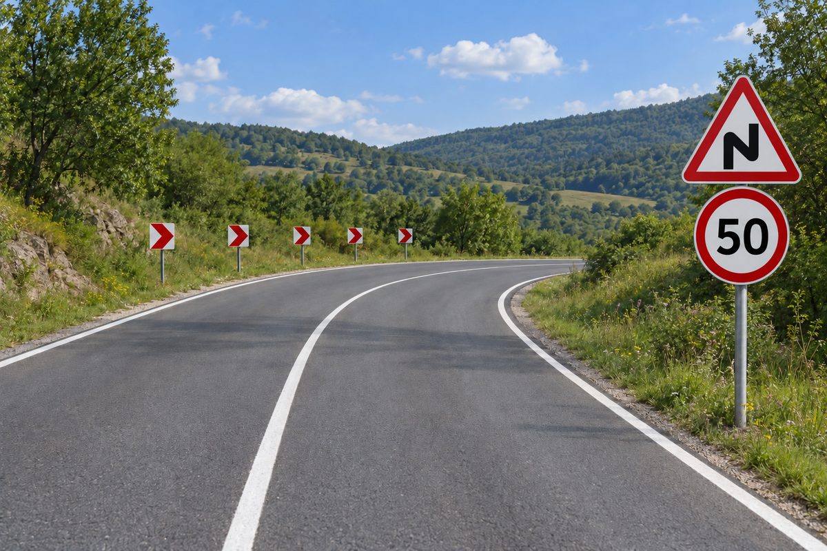 A rural right bend with chevrons and a single post carrying a successive-bends triangle above a circular 50 sign.