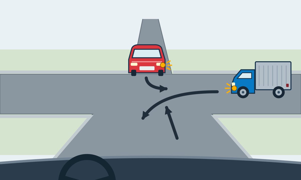 Driver’s view of an unsigned crossroads, continuing straight; an oncoming red car and a blue lorry approaching from the right both signal left turns.