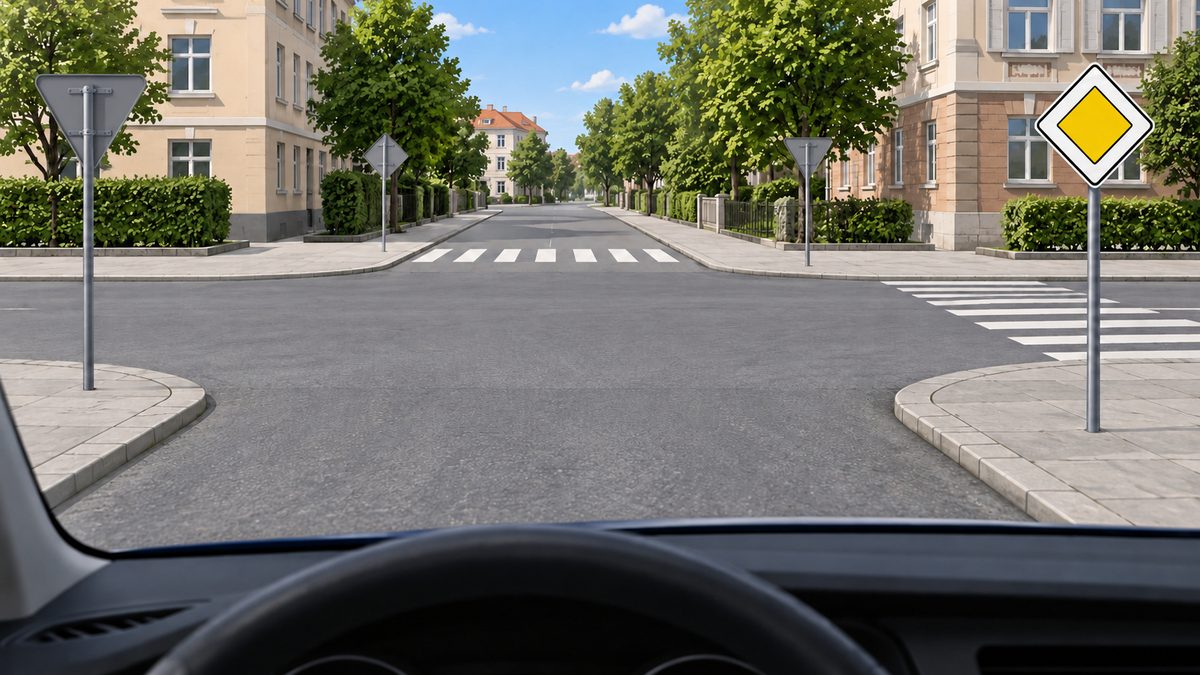 A junction with pavements and marked and unmarked road crossings.
