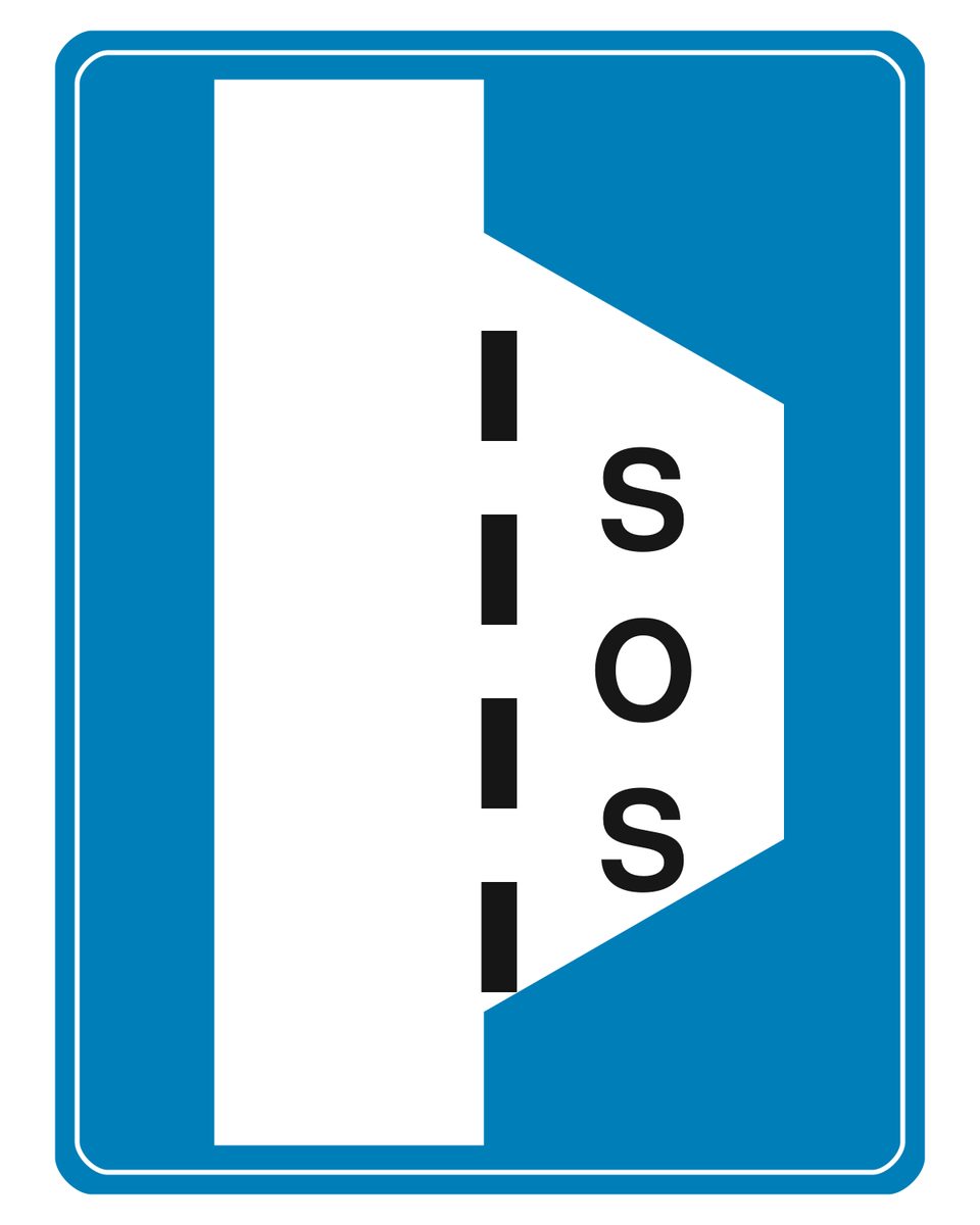Blue tunnel sign with a white road widening into a right bay, a black dashed line and vertically stacked SOS letters.