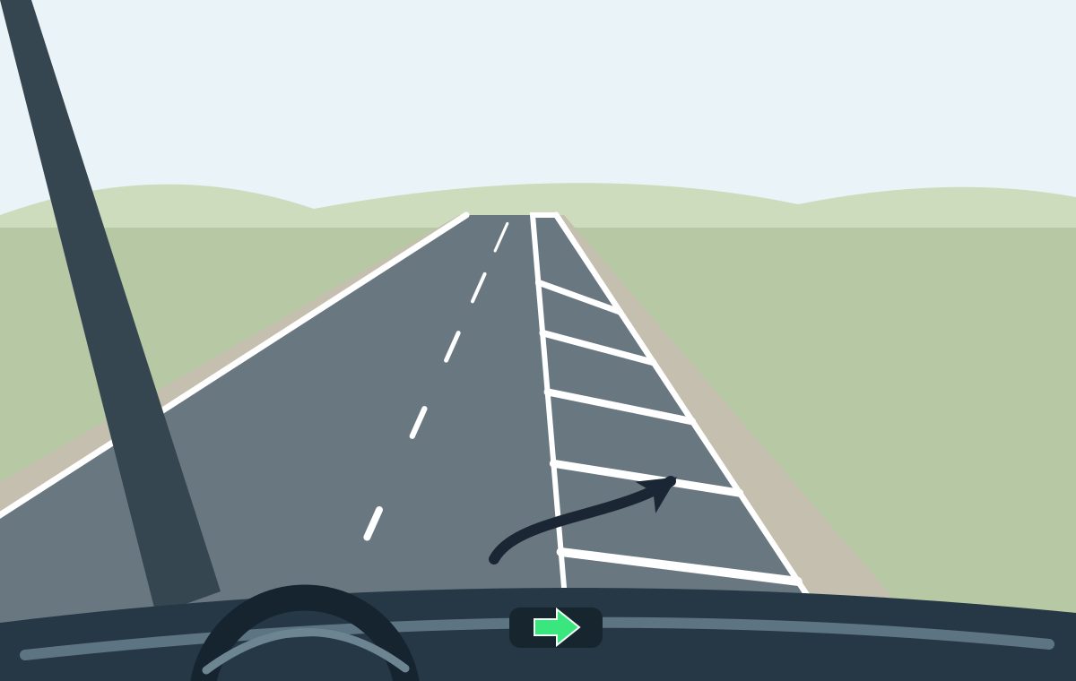 Driver view with a right indicator and path entering an area of diagonal white hatching bounded by solid lines along the right side.