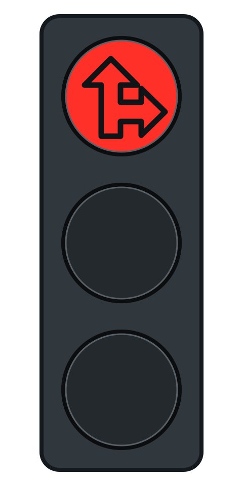 A three-lamp traffic signal with the top red lamp illuminated and black outlined arrows pointing straight ahead and right; the other lamps are dark.