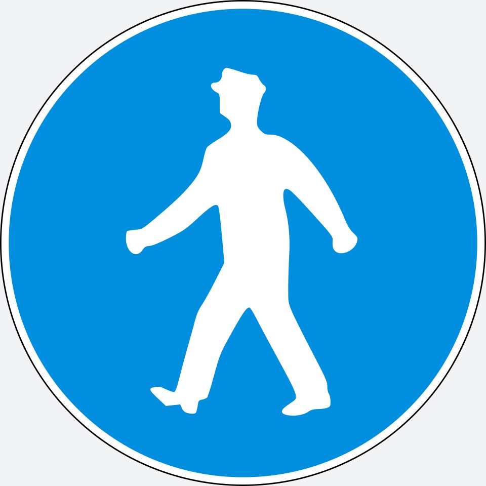 Blue circle with a white walking figure.