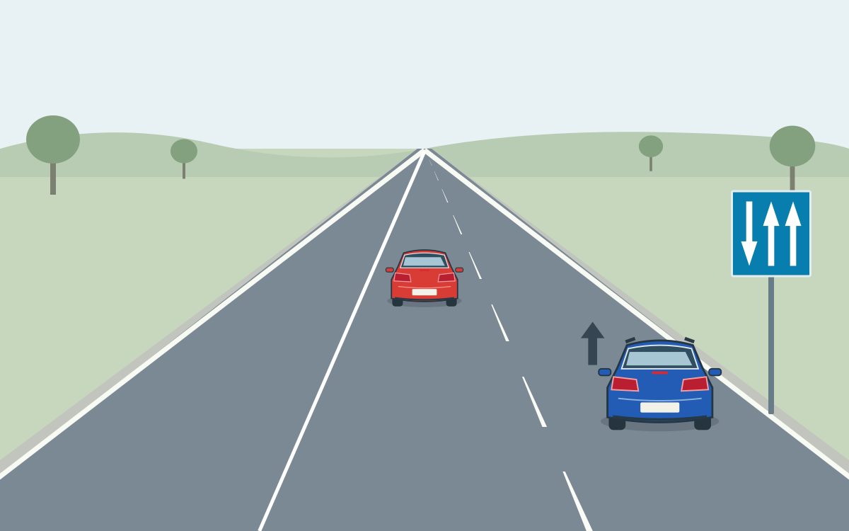 A red car ahead in the middle lane and a blue car nearer in the right lane; the left internal divider is solid and the right is broken. A blue rectangular panel at the right has three white arrows: down, up, up from left to right.