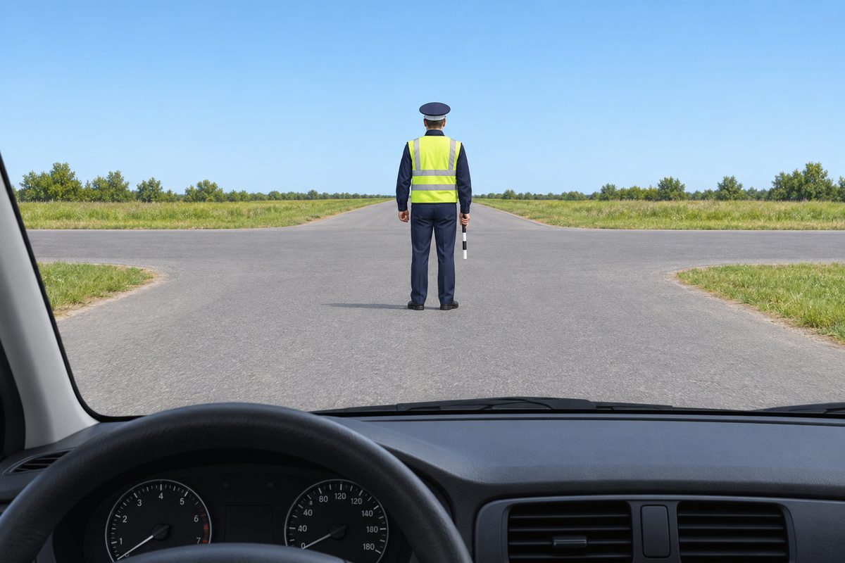 View from a car at an empty four-way junction. A traffic controller faces away from the driver with both arms lowered.