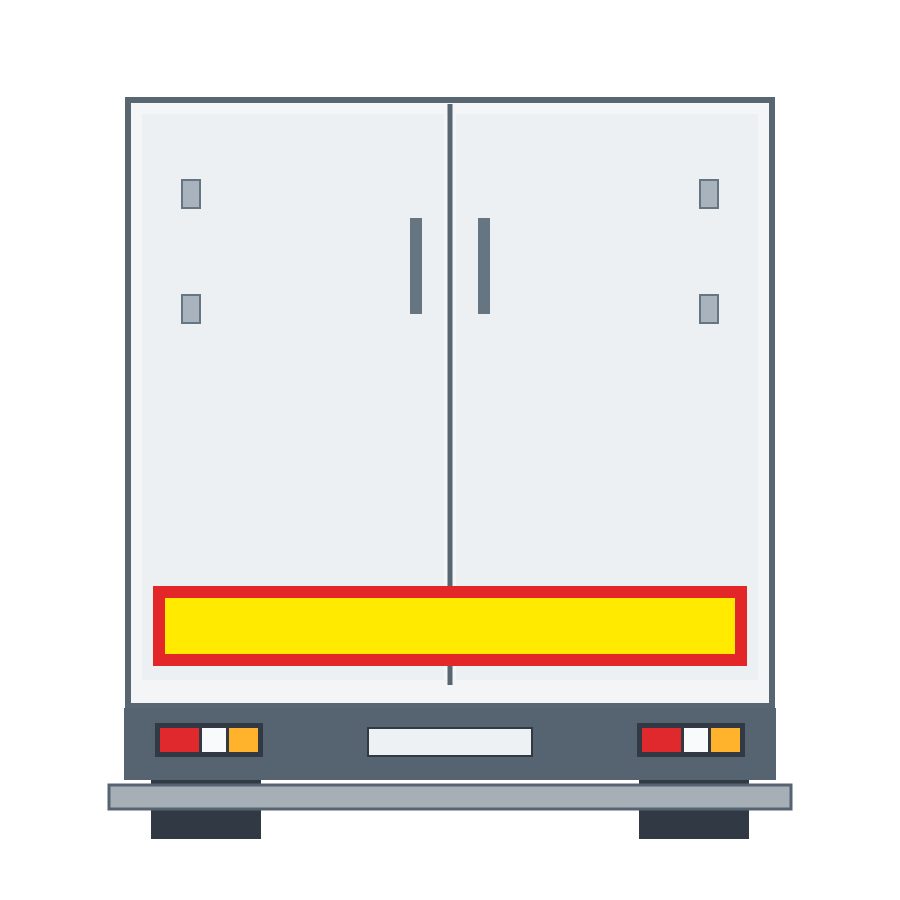 Rear of a vehicle with one horizontal yellow panel outlined in red.
