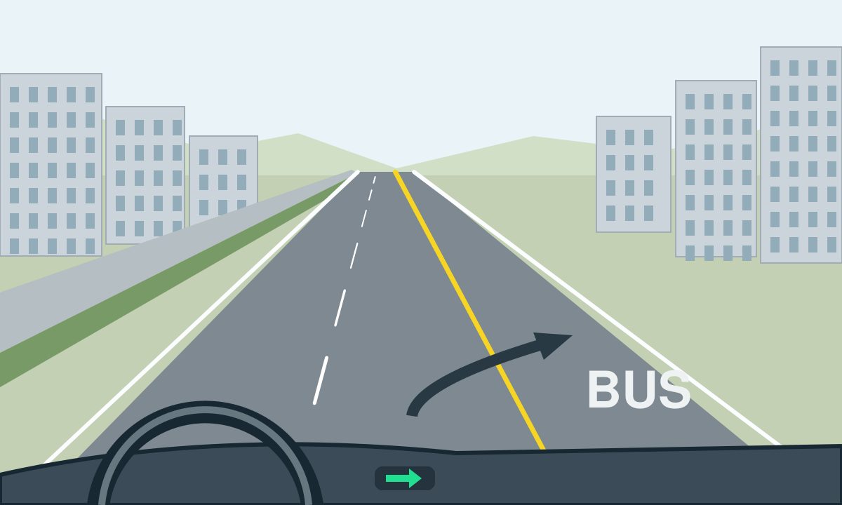 Driver view of an urban road with BUS painted in the right lane, a yellow separator, a rightward curved arrow and a green right indicator.