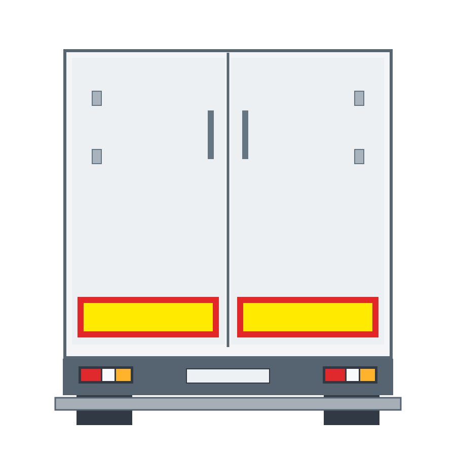 Rear of a vehicle with two horizontal yellow panels outlined in red.
