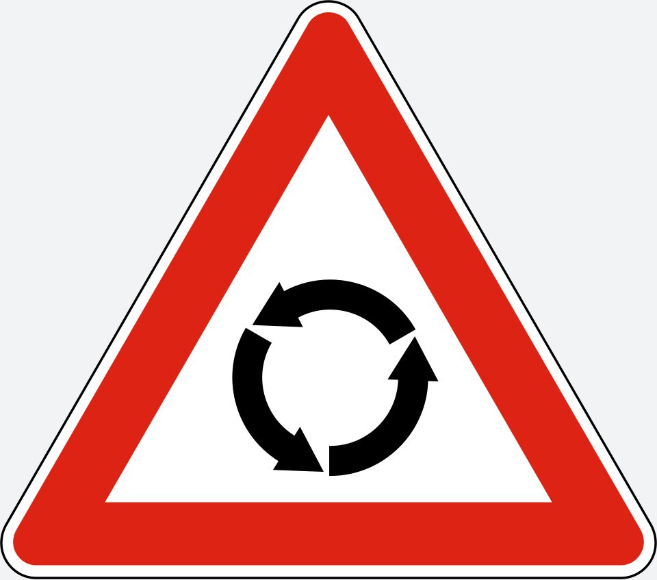 Red-bordered upright triangle; three curved black arrows arranged in a circle.