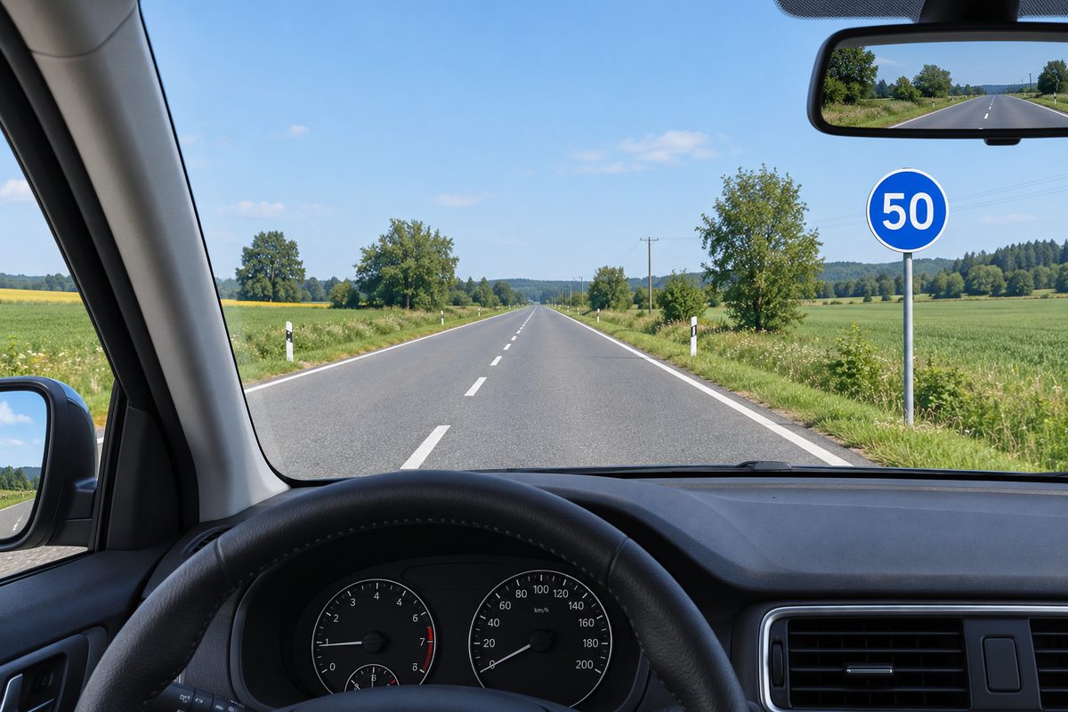 An empty rural road seen through a car windscreen, with a blue circular 50 sign on the right.