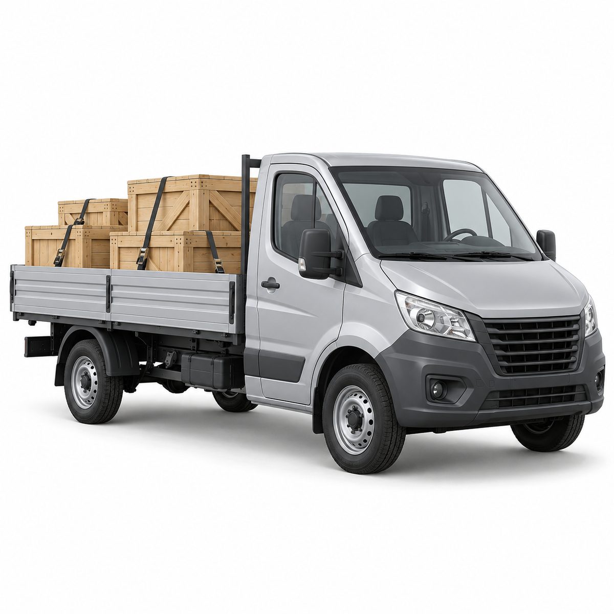 Grey vehicle with a cab and an open load bed carrying boxes.