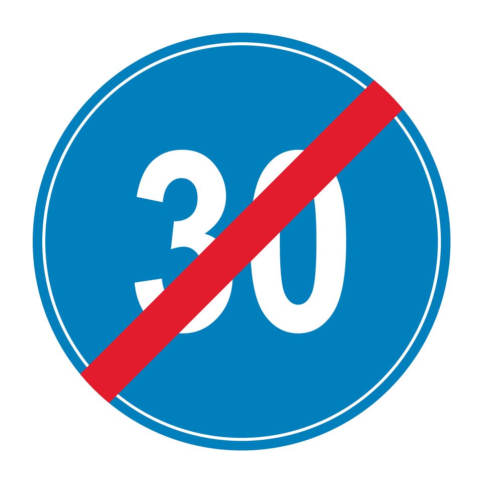 Blue circular sign displaying 30 with a red diagonal stripe from lower left to upper right.