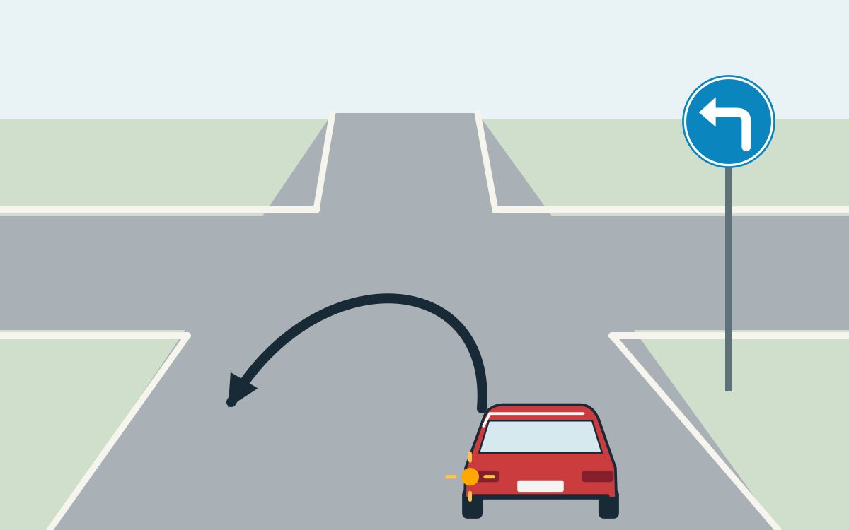 Rear view of a red car with a lit left indicator and a U-shaped arrow at an empty crossroads. A blue disc on the right has a bent white left arrow.