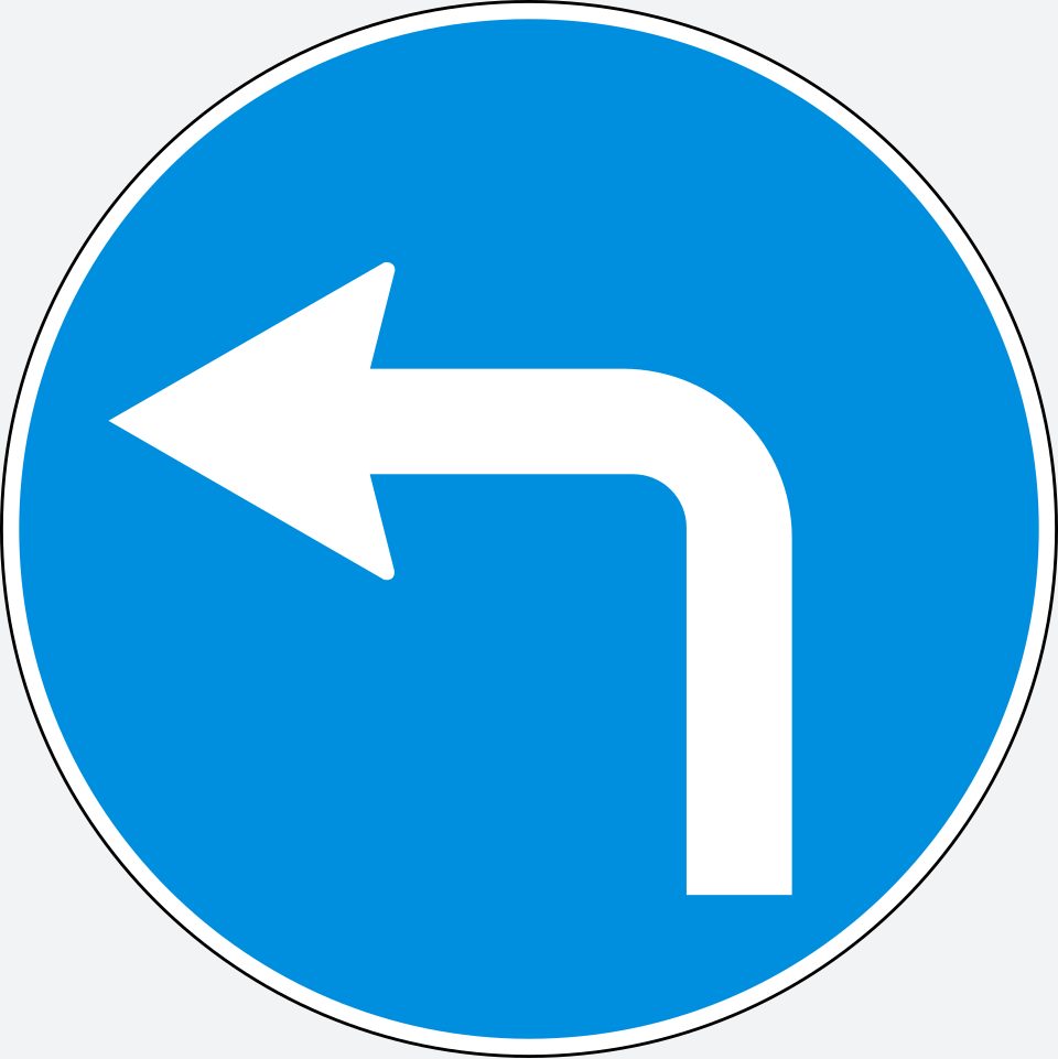 Blue circle with a thin white border; a white arrow rises vertically and bends left.
