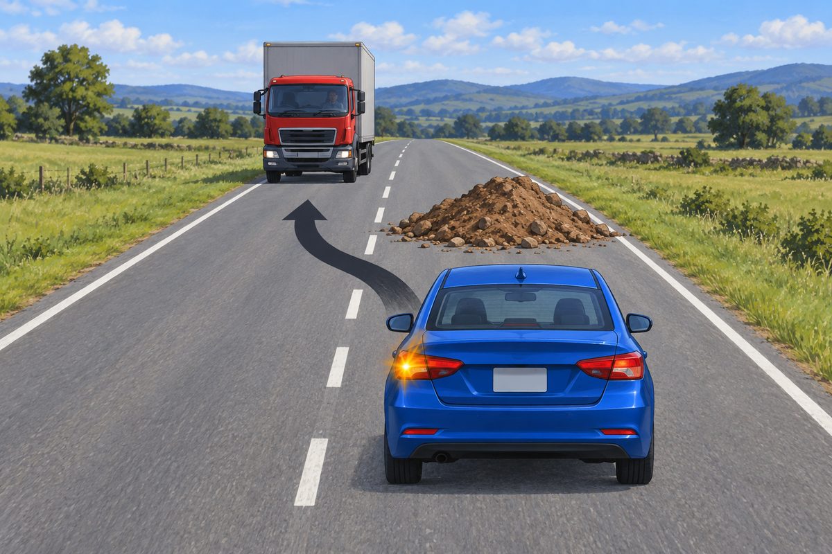 Blue car behind a mound in its lane, with a curved leftward arrow and amber light; a red-cab truck faces it in the opposite lane.