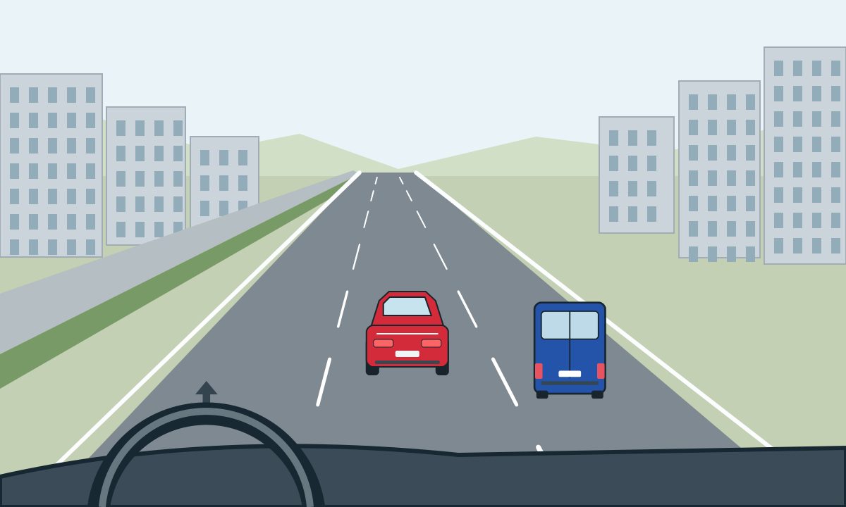 Driver view of three marked urban lanes, with a red car in the middle lane and a blue van in the right lane.