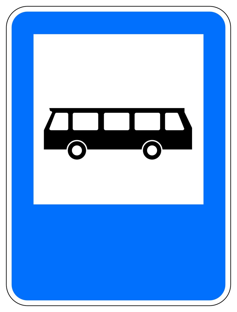 Blue rectangular sign with a white inset containing a black bus in side view with two wheels.