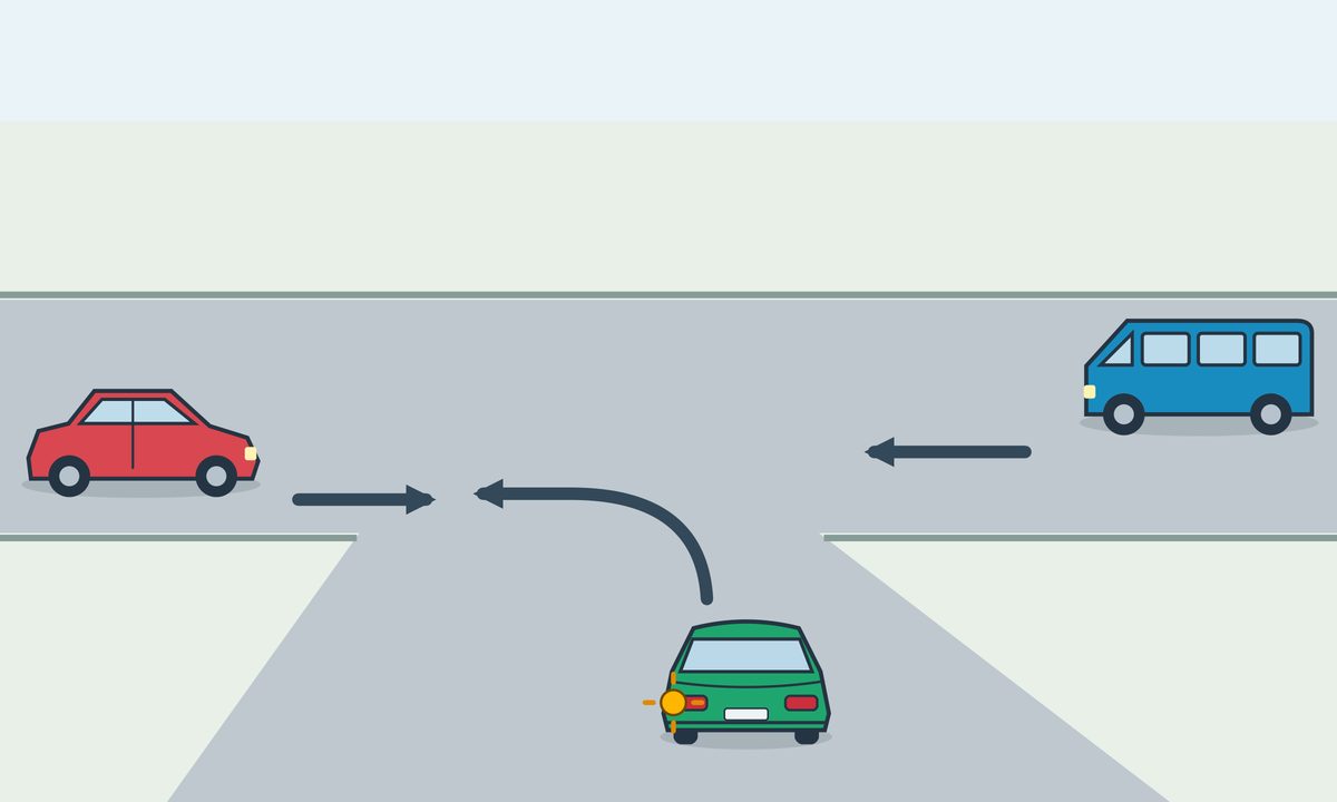 A green car, seen from behind with its left indicator on, approaches a T-junction. A red car on the left points right and a blue minibus on the right points left. No priority signs are present.